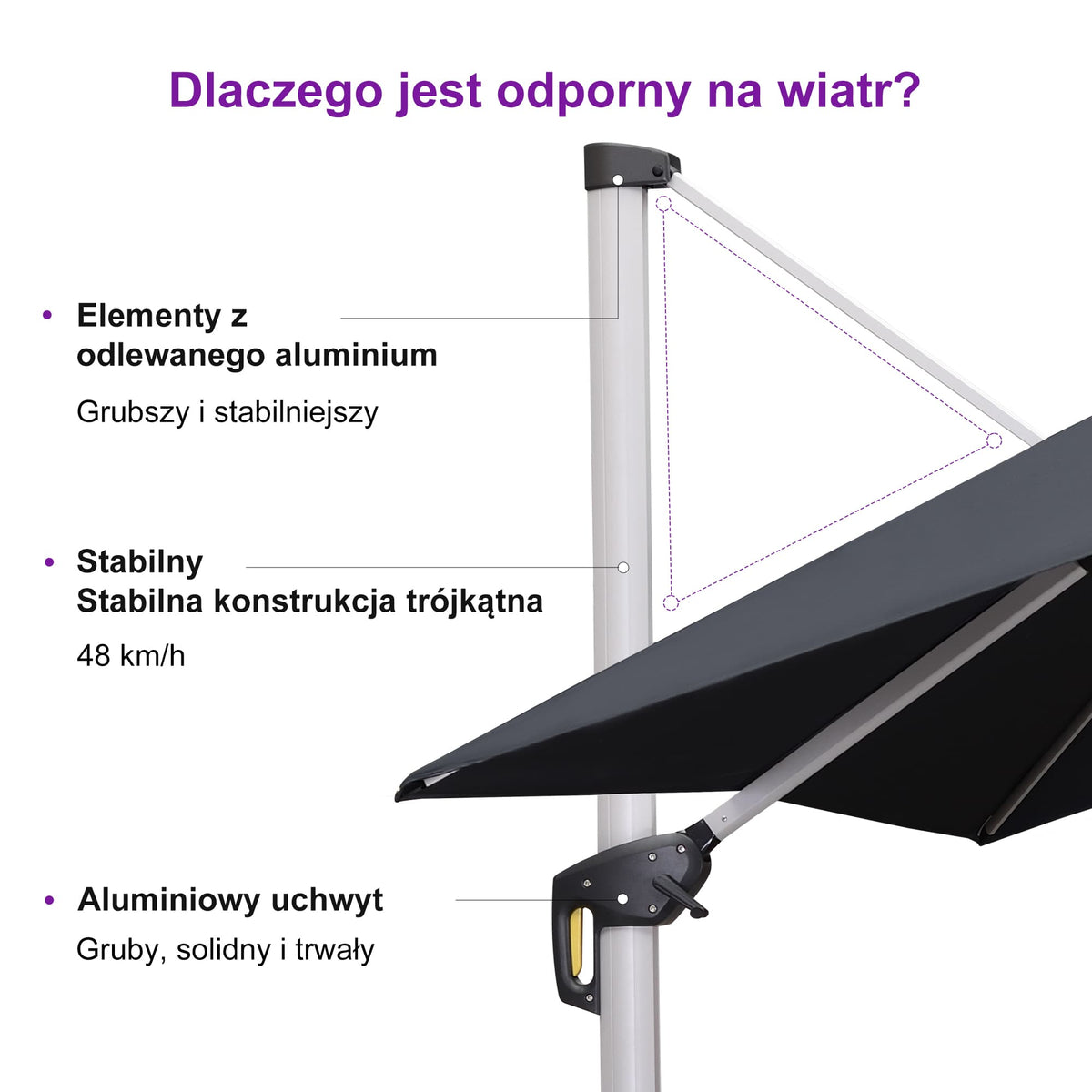 PURPLE LEAF Klasyczny okrągły parasol ogrodowy z boczną nogą, obrót 360°, z korbą, ochrona UV50+