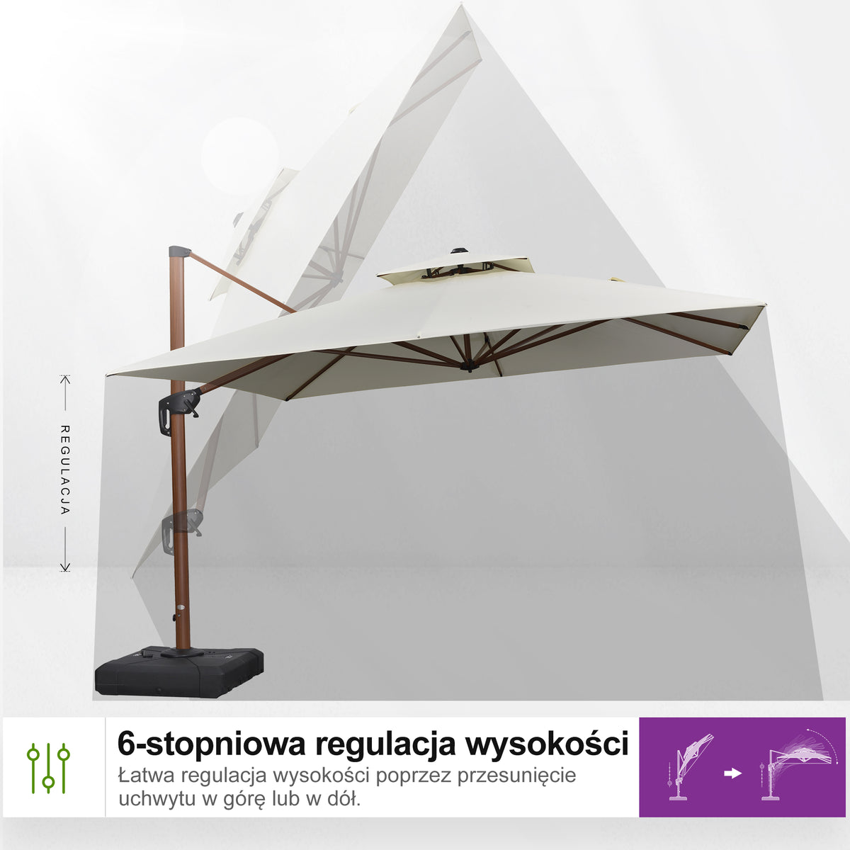 PURPLE LEAF Kwadratowy parasol ogrodowy z bocznym masztem, aluminium w imitacji drewna, z korbą i regulacją nachylenia, na balkon i taras