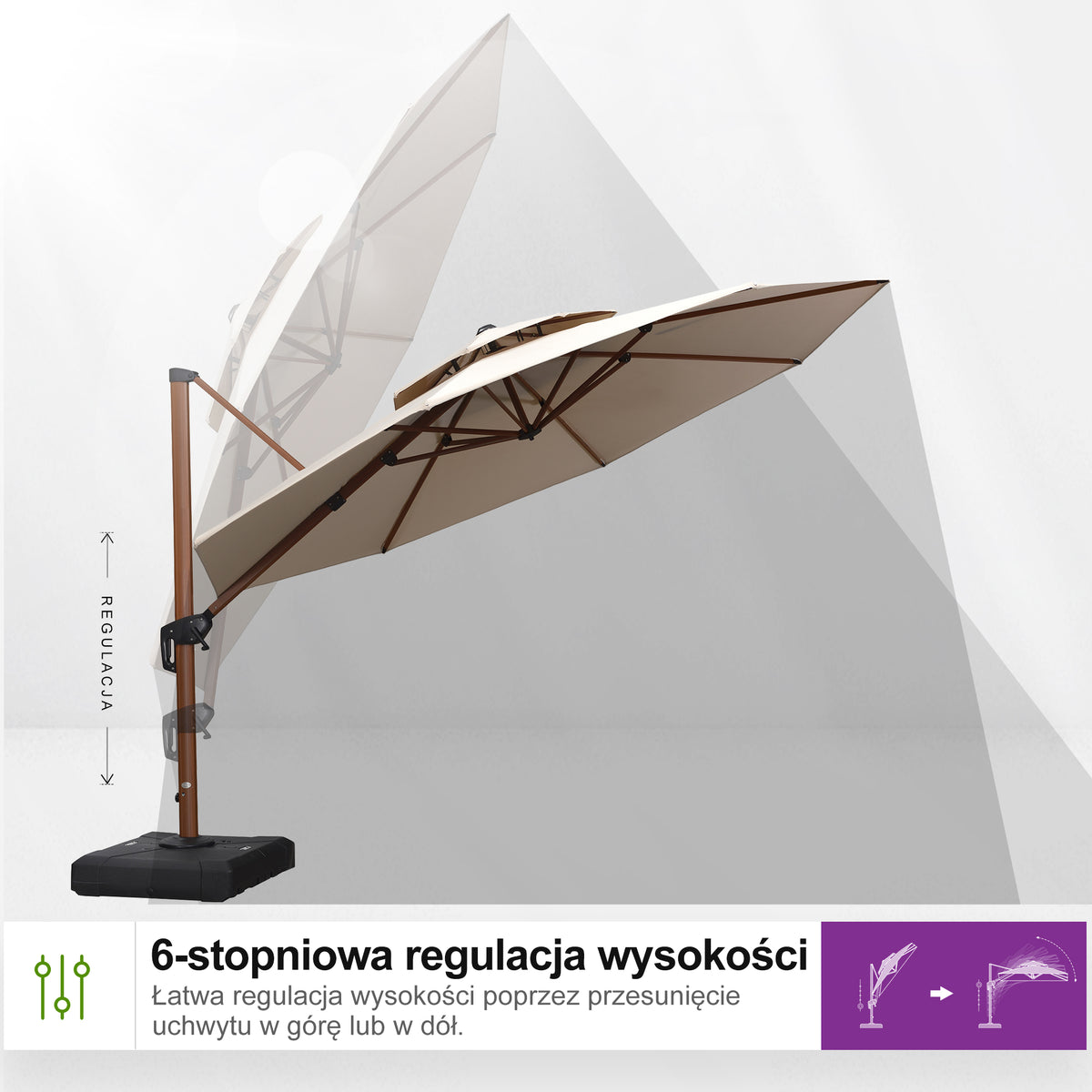 PURPLE LEAF Okrągły parasol ogrodowy z bocznym masztem, aluminiowy w imitacji drewna, z korbą i regulacją nachylenia, na balkon i taras