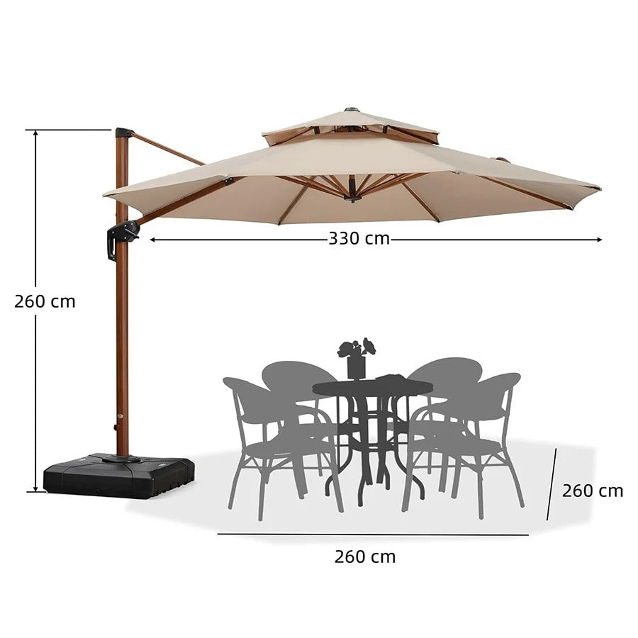 PURPLE LEAF Okrągły parasol ogrodowy z bocznym masztem, aluminiowy w imitacji drewna, z korbą i regulacją nachylenia, na balkon i taras