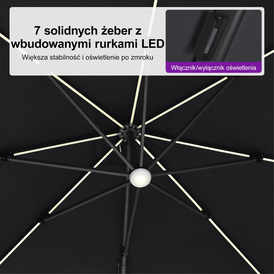PURPLE LEAF Parasol ogrodowy z bocznym masztem z LED, z korbą, obrotowy 360° z pedałem nożnym i podstawą krzyżową, na taras i balkon