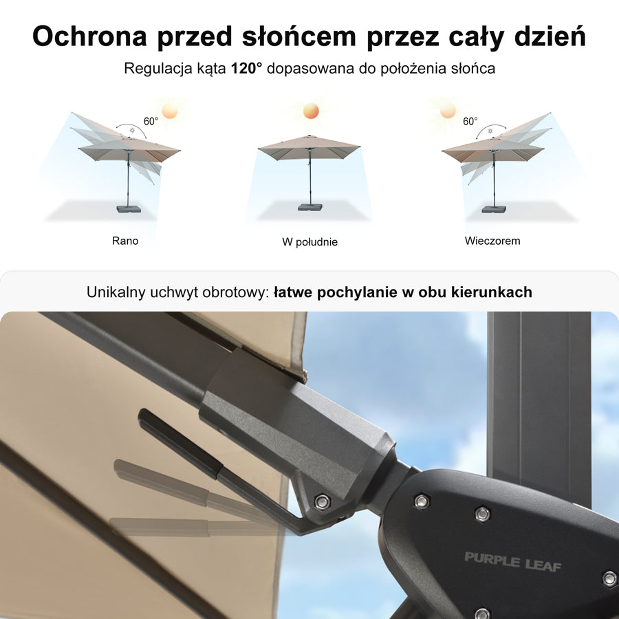 PURPLE LEAF Parasol ogrodowy z bocznym masztem z LED, z korbą, obrotowy 360° z pedałem nożnym i podstawą krzyżową, na taras i balkon