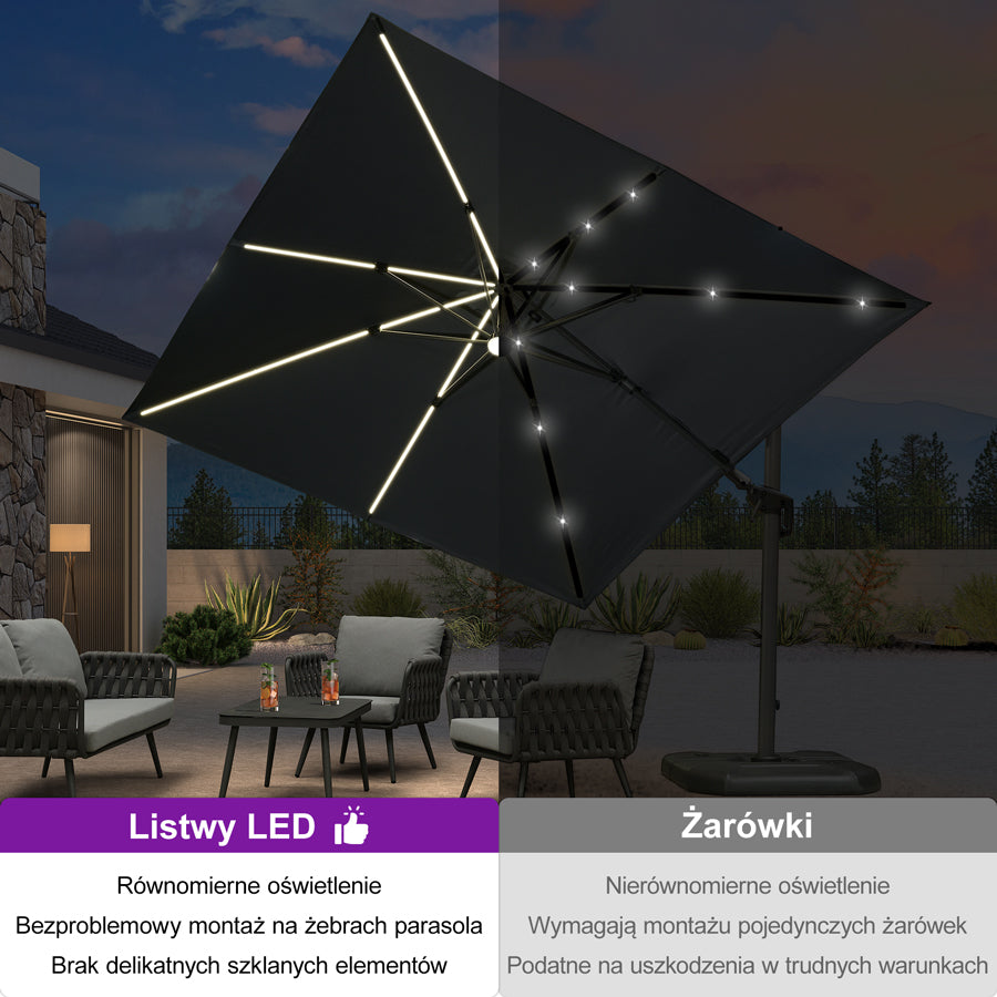 PURPLE LEAF Parasol ogrodowy z bocznym masztem z LED, z korbą, obrotowy 360° z pedałem nożnym i podstawą krzyżową, na taras i balkon