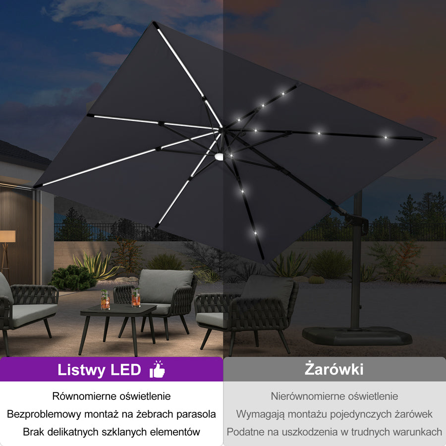 PURPLE LEAF Parasol ogrodowy z bocznym masztem z LED, z korbą, obrotowy 360° z pedałem nożnym i podstawą krzyżową, na taras i balkon