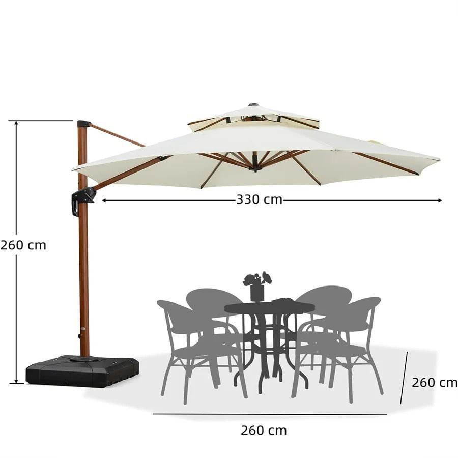 PURPLE LEAF Okrągły parasol ogrodowy z bocznym masztem, aluminiowy w imitacji drewna, z korbą i regulacją nachylenia, na balkon i taras