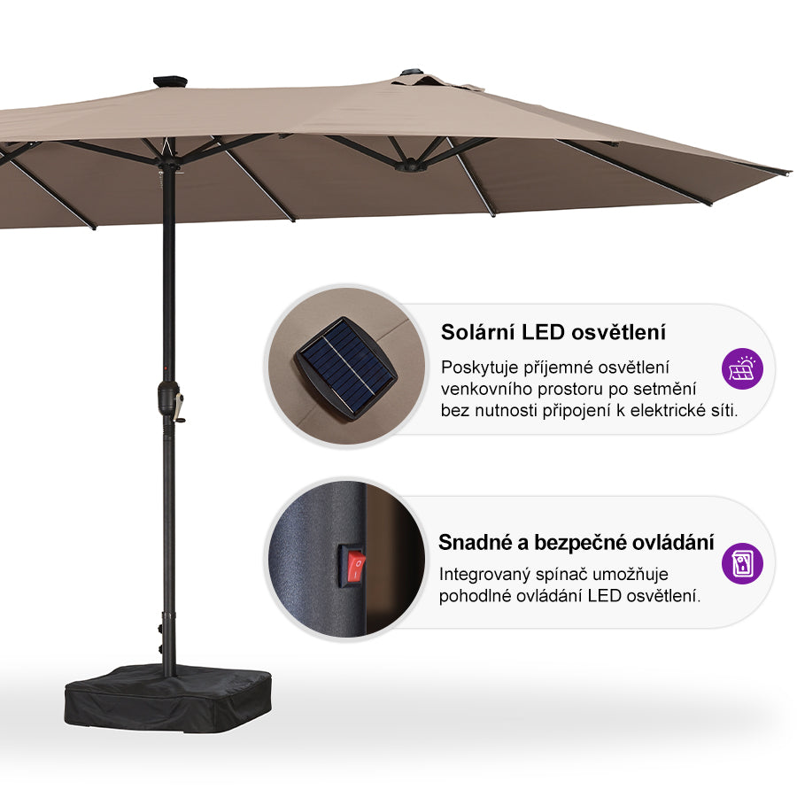 PURPLE LEAF Dwustronny prostokątny parasol ogrodowy z oświetleniem LED i podstawą, duży parasol na taras i do ogrodu