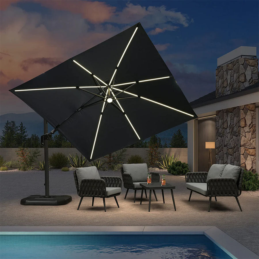 PURPLE LEAF Parasol ogrodowy z bocznym masztem z LED, z korbą, obrotowy 360° z pedałem nożnym i podstawą krzyżową, na taras i balkon