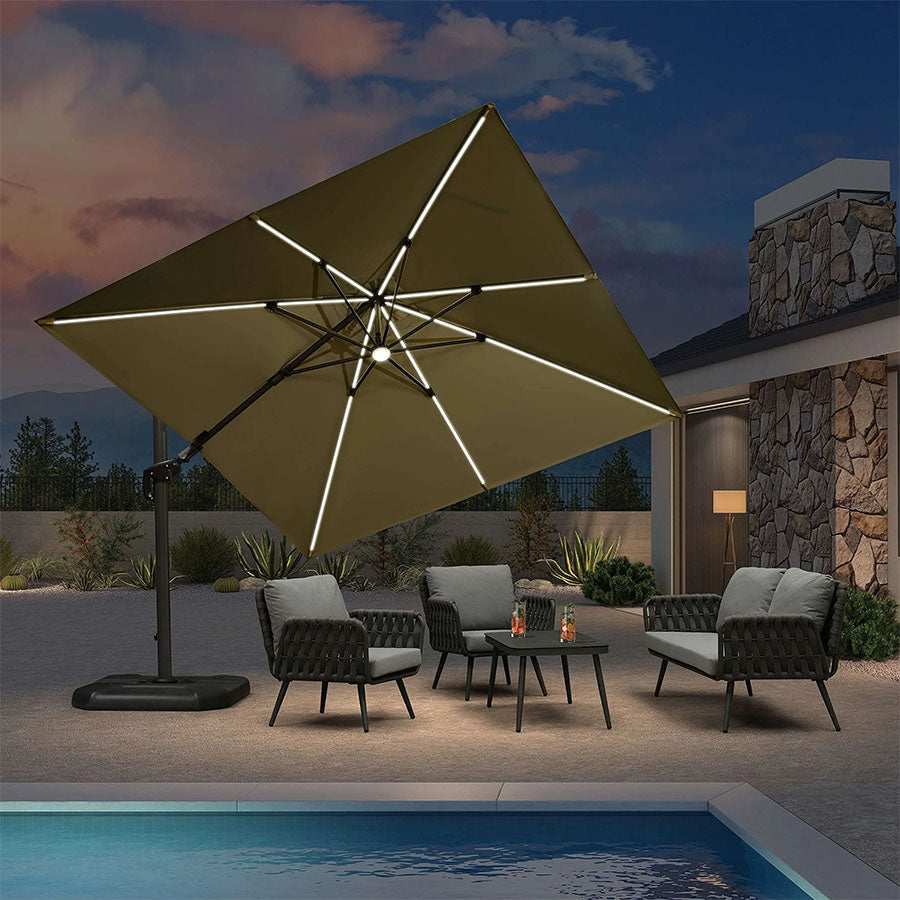 PURPLE LEAF Parasol ogrodowy z bocznym masztem z LED, z korbą, obrotowy 360° z pedałem nożnym i podstawą krzyżową, na taras i balkon
