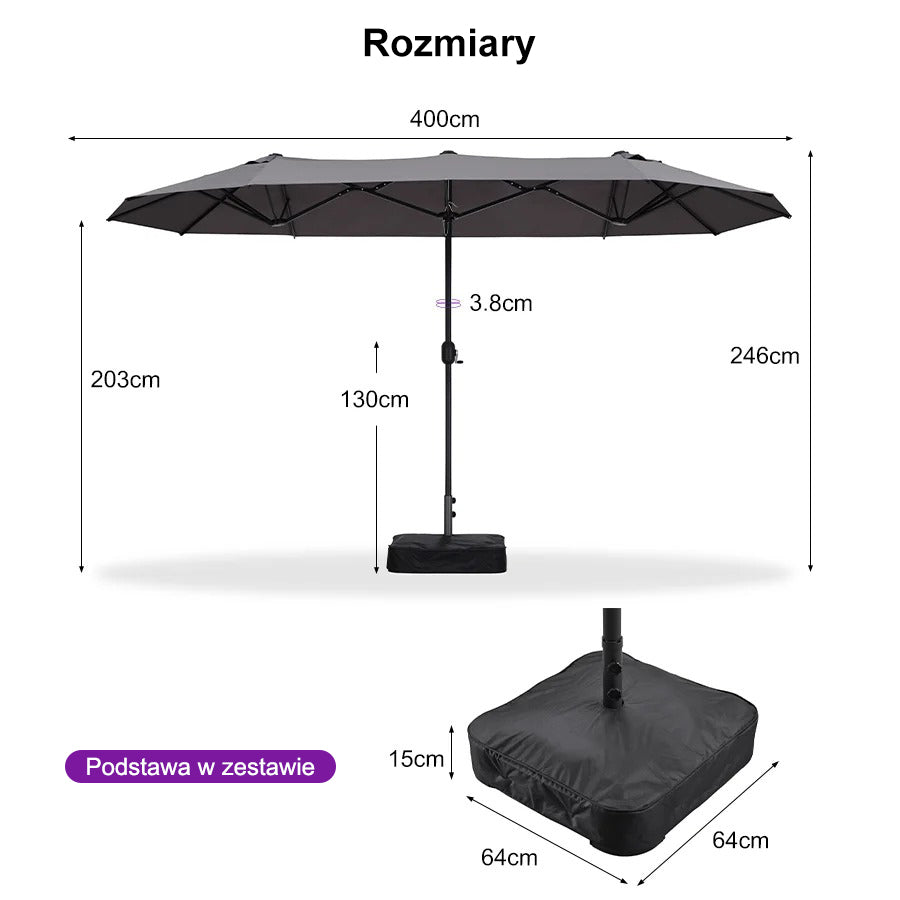 PURPLE LEAF Dwustronny prostokątny parasol ogrodowy z podstawą, duży parasol na taras i do ogrodu