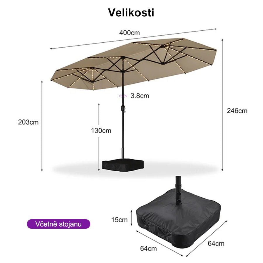 PURPLE LEAF Dwustronny prostokątny parasol ogrodowy z oświetleniem LED i podstawą, duży parasol na taras i do ogrodu
