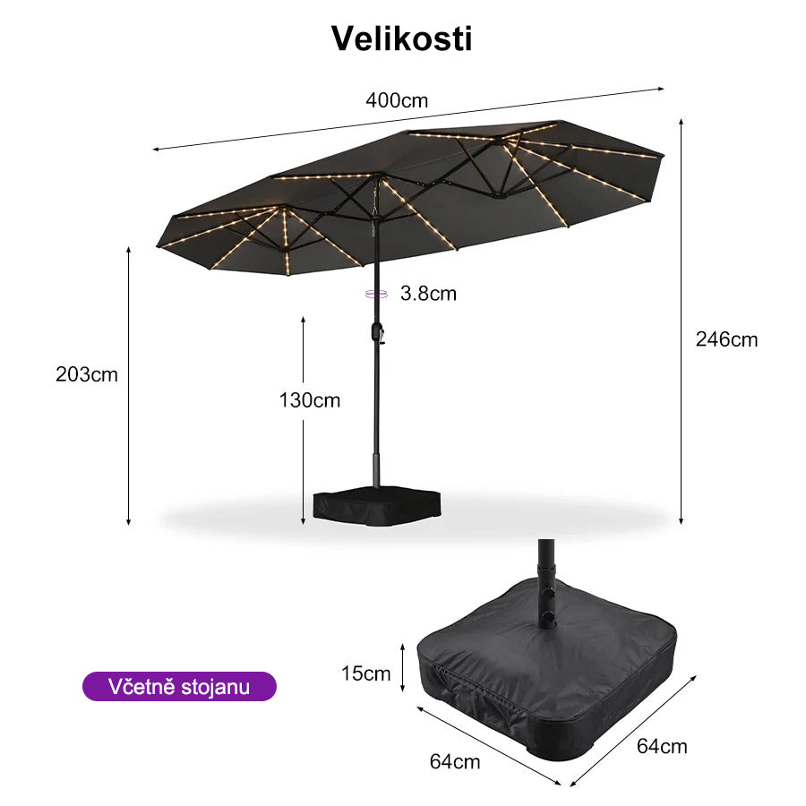PURPLE LEAF Dwustronny prostokątny parasol ogrodowy z oświetleniem LED i podstawą, duży parasol na taras i do ogrodu