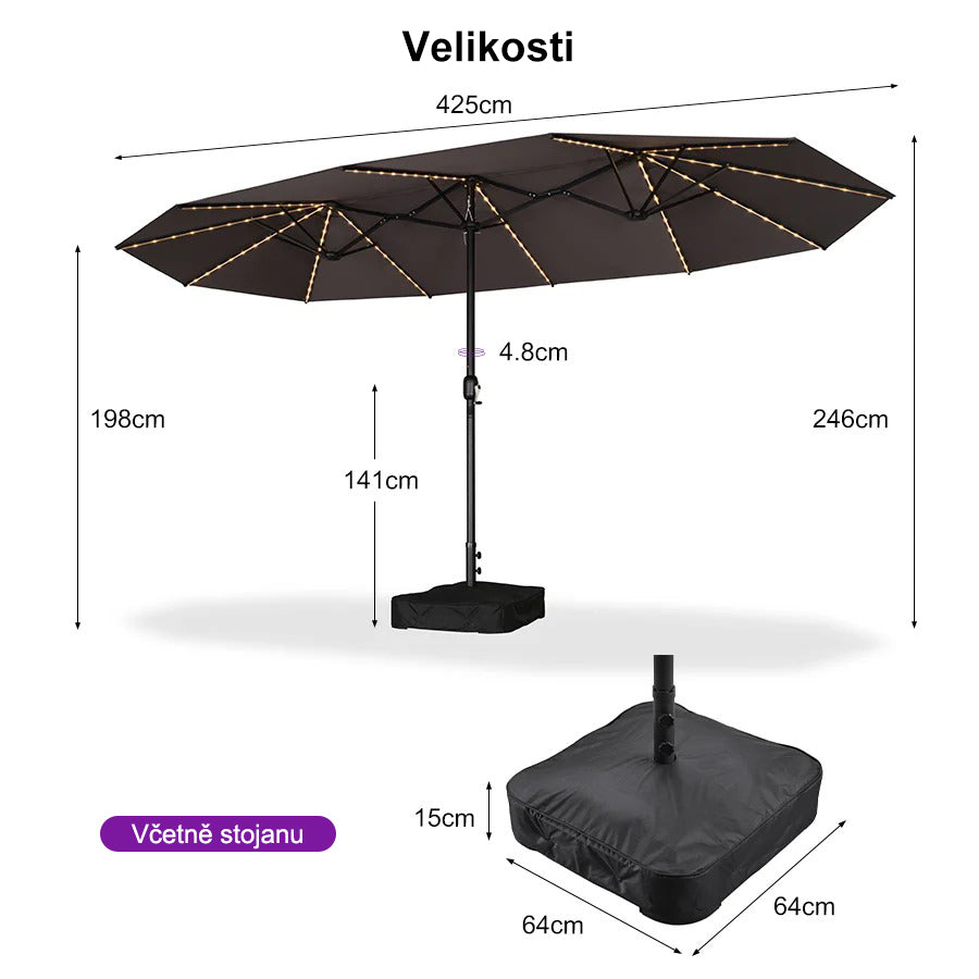 PURPLE LEAF Dwustronny prostokątny parasol ogrodowy z oświetleniem LED i podstawą, duży parasol na taras i do ogrodu