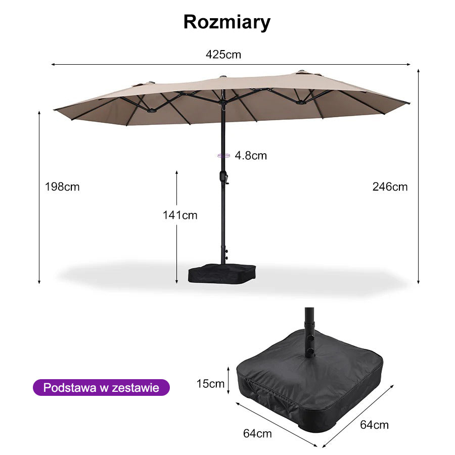 PURPLE LEAF Dwustronny prostokątny parasol ogrodowy z podstawą, duży parasol na taras i do ogrodu