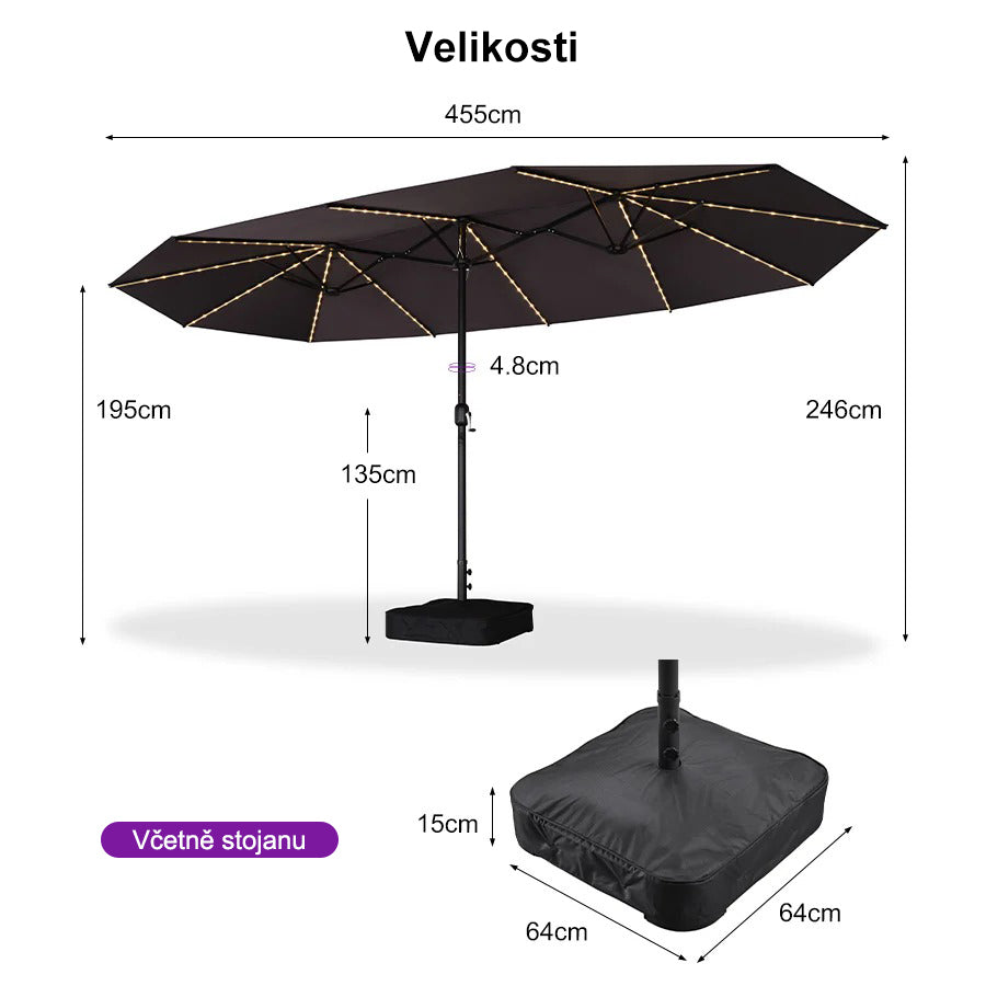 PURPLE LEAF Dwustronny prostokątny parasol ogrodowy z oświetleniem LED i podstawą, duży parasol na taras i do ogrodu