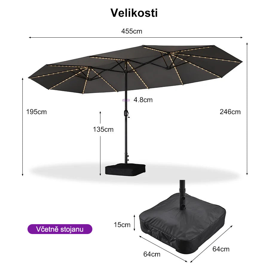 PURPLE LEAF Dwustronny prostokątny parasol ogrodowy z oświetleniem LED i podstawą, duży parasol na taras i do ogrodu