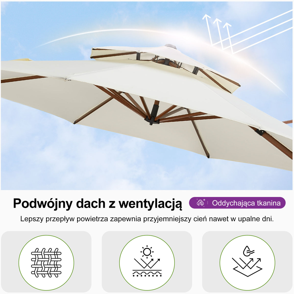 PURPLE LEAF Okrągły parasol ogrodowy z bocznym masztem, aluminiowy w imitacji drewna, z korbą i regulacją nachylenia, na balkon i taras