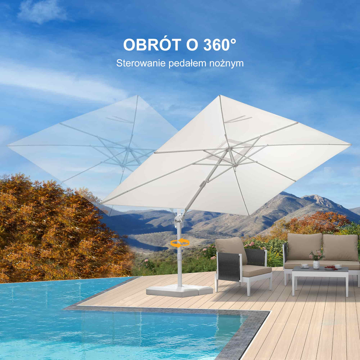 PURPLE LEAF Duży biały parasol na wysięgniku – Przystępny cenowo parasol ogrodowy na taras i do ogrodu