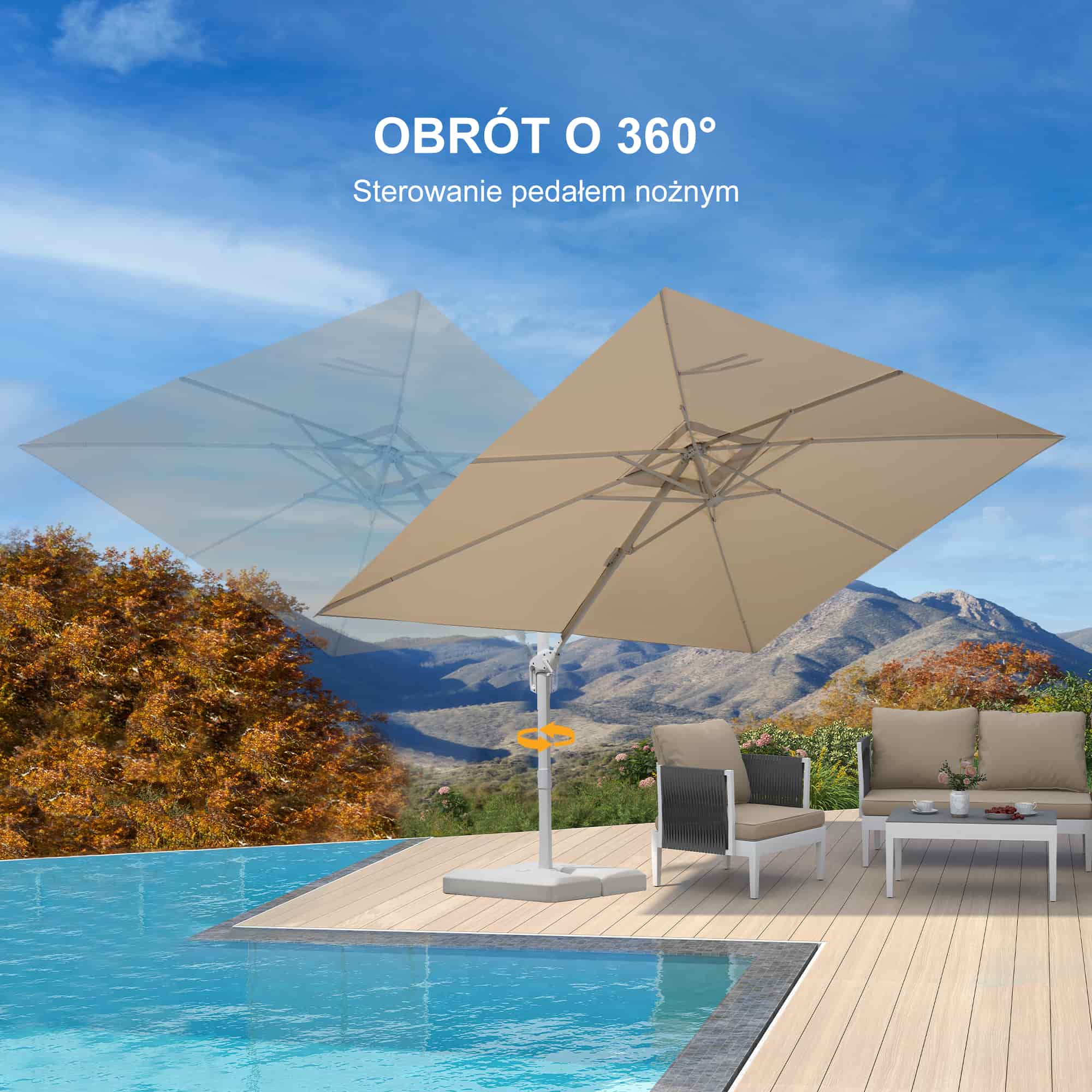 PURPLE LEAF Duży biały parasol na wysięgniku – Przystępny cenowo parasol ogrodowy na taras i do ogrodu