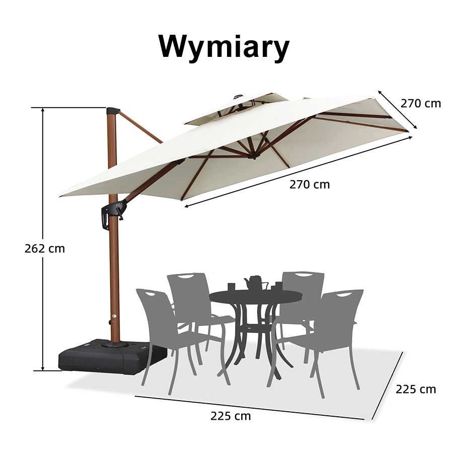 PURPLE LEAF Kwadratowy parasol ogrodowy z bocznym masztem, aluminium w imitacji drewna, z korbą i regulacją nachylenia, na balkon i taras
