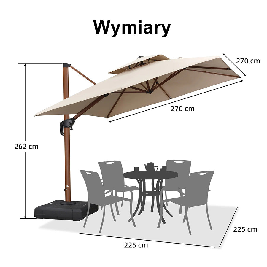 PURPLE LEAF Kwadratowy parasol ogrodowy z bocznym masztem, aluminium w imitacji drewna, z korbą i regulacją nachylenia, na balkon i taras
