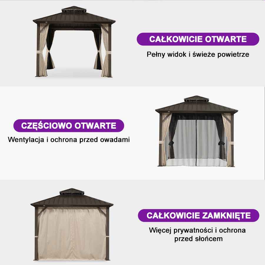 PURPLE LEAF Altana ogrodowa brązowa z mlecznym światło LED, pawilon kompaktowy do małych ogrodów z moskitierą