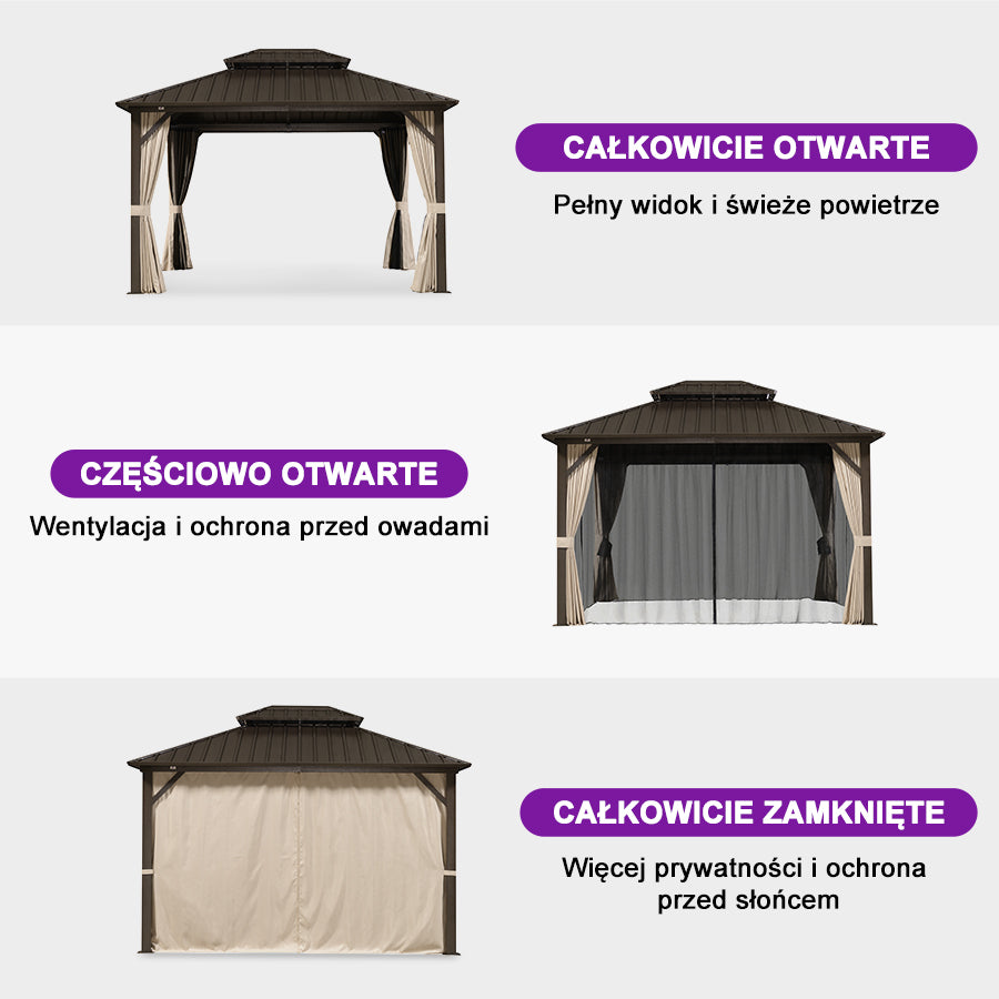 PURPLE LEAF Altana ogrodowa brązowa z mlecznym światło LED, pawilon kompaktowy do małych ogrodów z moskitierą