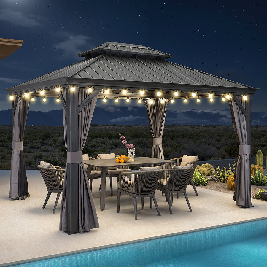PURPLE LEAF Altana ogrodowa antracytowa PREMIUM z ciepłym światłem LED, pawilon ogrodowy na taras