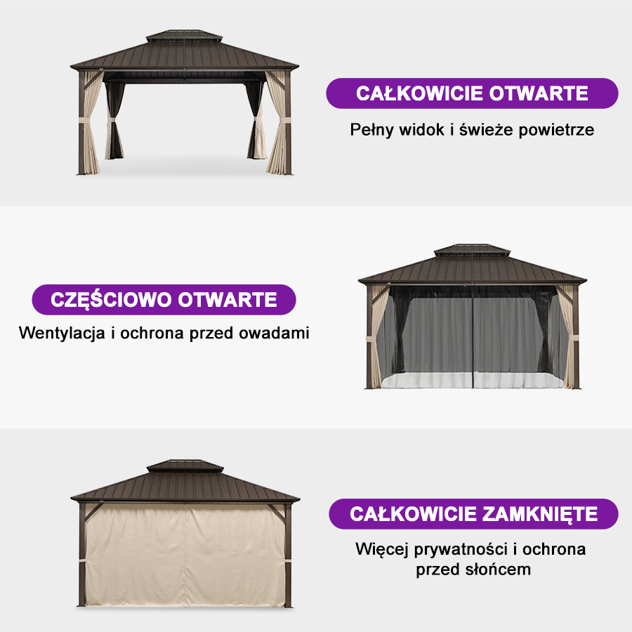 PURPLE LEAF Altana ogrodowa brązowa z mlecznym światło LED, pawilon kompaktowy do małych ogrodów z moskitierą