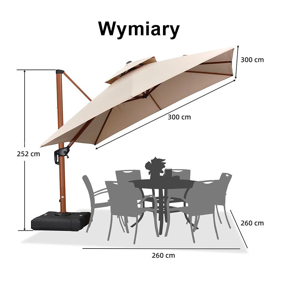 PURPLE LEAF Kwadratowy parasol ogrodowy z bocznym masztem, aluminium w imitacji drewna, z korbą i regulacją nachylenia, na balkon i taras