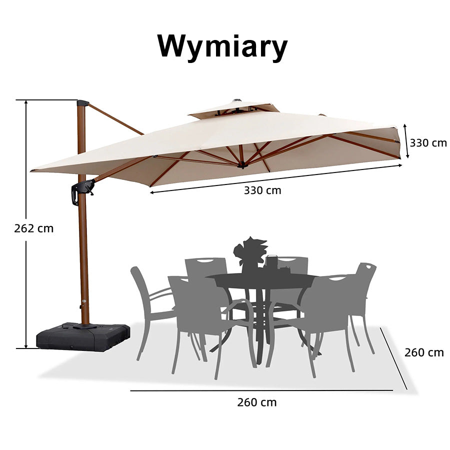 PURPLE LEAF Kwadratowy parasol ogrodowy z bocznym masztem, aluminium w imitacji drewna, z korbą i regulacją nachylenia, na balkon i taras