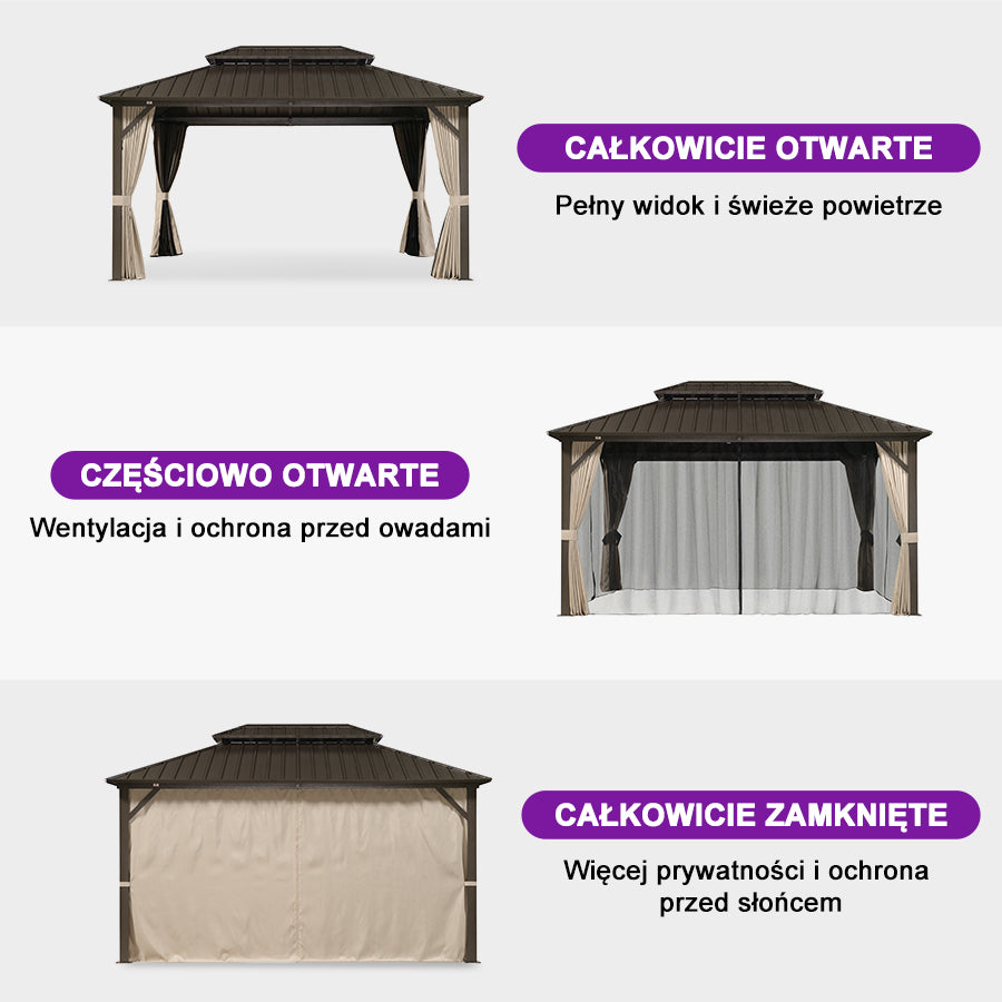 PURPLE LEAF Altana ogrodowa brązowa z mlecznym światło LED, pawilon kompaktowy do małych ogrodów z moskitierą