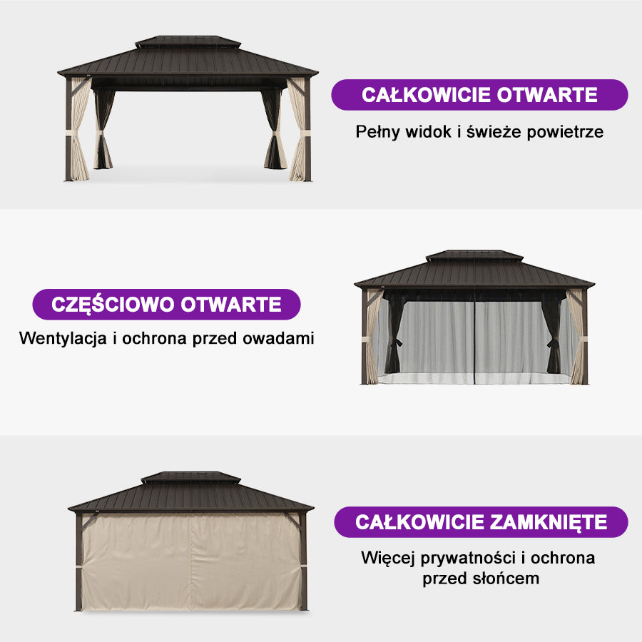PURPLE LEAF Altana ogrodowa brązowa z mlecznym światło LED, pawilon kompaktowy do małych ogrodów z moskitierą