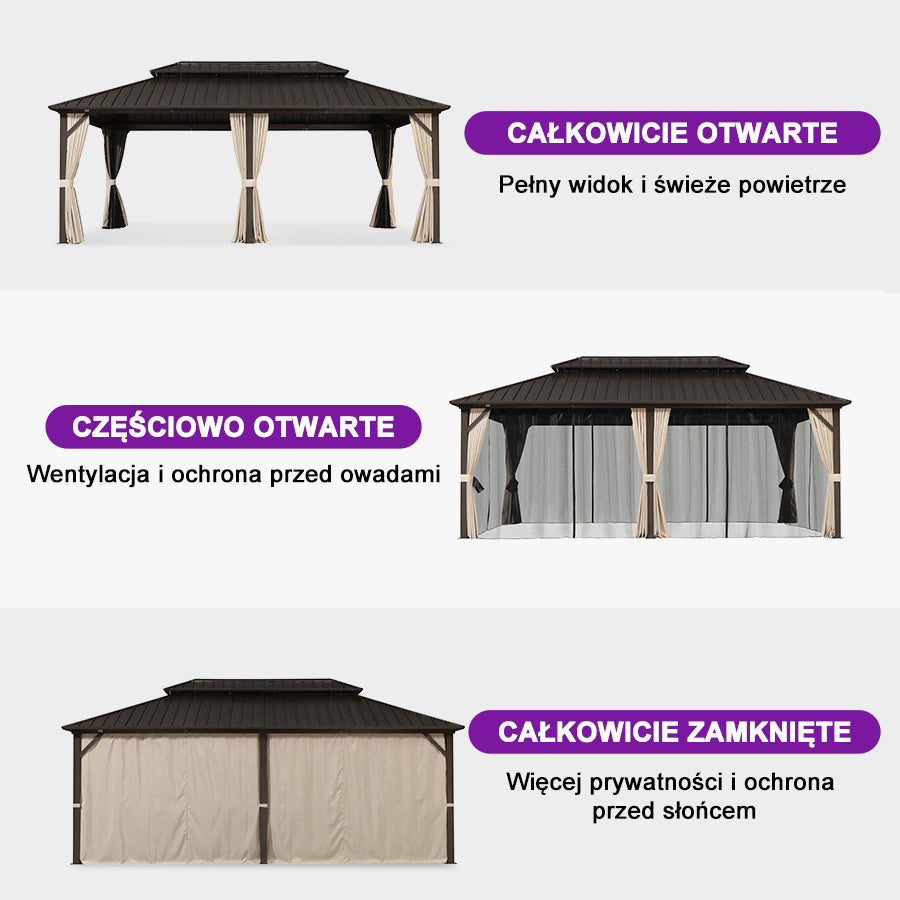 PURPLE LEAF Altana ogrodowa brązowa z mlecznym światło LED, pawilon kompaktowy do małych ogrodów z moskitierą