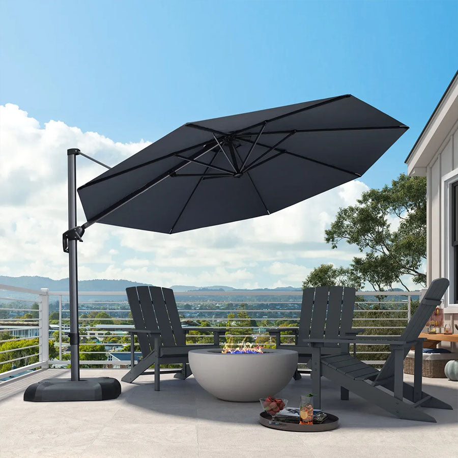 PURPLE LEAF Duży okrągły parasol ogrodowy z bocznym masztem, obrotowy 360° z pedałem nożnym i podstawą krzyżową, na taras i balkon