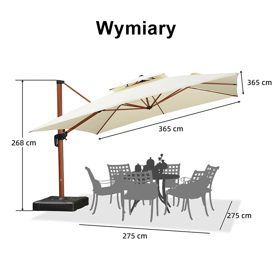PURPLE LEAF Kwadratowy parasol ogrodowy z bocznym masztem, aluminium w imitacji drewna, z korbą i regulacją nachylenia, na balkon i taras