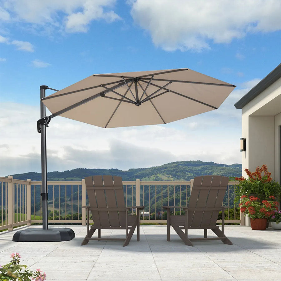 PURPLE LEAF Duży okrągły parasol ogrodowy z bocznym masztem, obrotowy 360° z pedałem nożnym i podstawą krzyżową, na taras i balkon