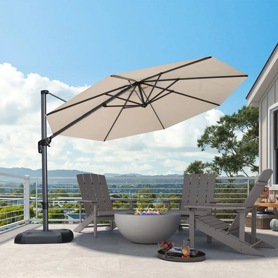 PURPLE LEAF Duży okrągły parasol ogrodowy z bocznym masztem, obrotowy 360° z pedałem nożnym i podstawą krzyżową, na taras i balkon