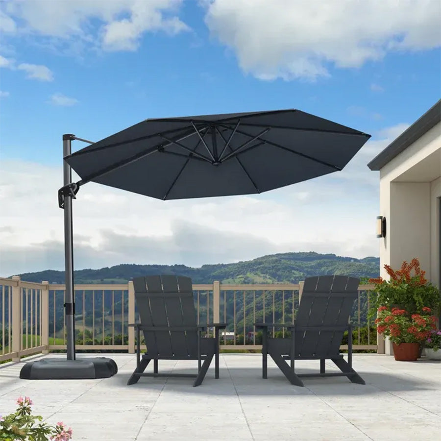 PURPLE LEAF Duży okrągły parasol ogrodowy z bocznym masztem, obrotowy 360° z pedałem nożnym i podstawą krzyżową, na taras i balkon
