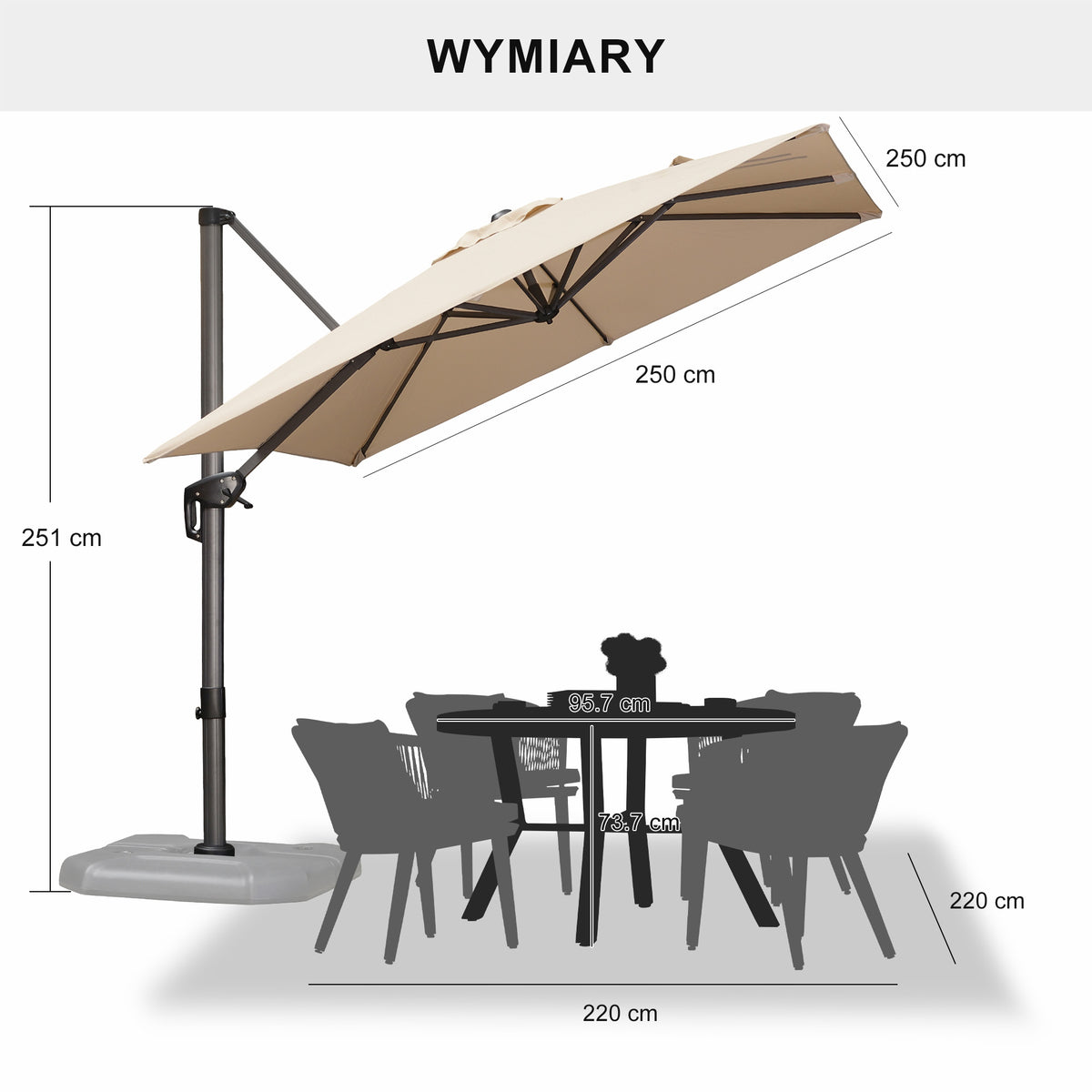 PURPLE LEAF Duży parasol ogrodowy z bocznym masztem, aluminiowy parasol obrotowy 360° z korbą i pedałem nożnym, na taras i balkon