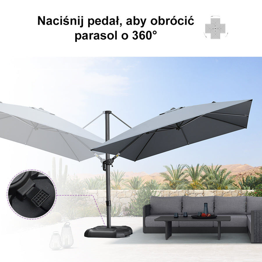 PURPLE LEAF Duży parasol ogrodowy z bocznym masztem, aluminiowy parasol obrotowy 360° z korbą i pedałem nożnym, na taras i balkon