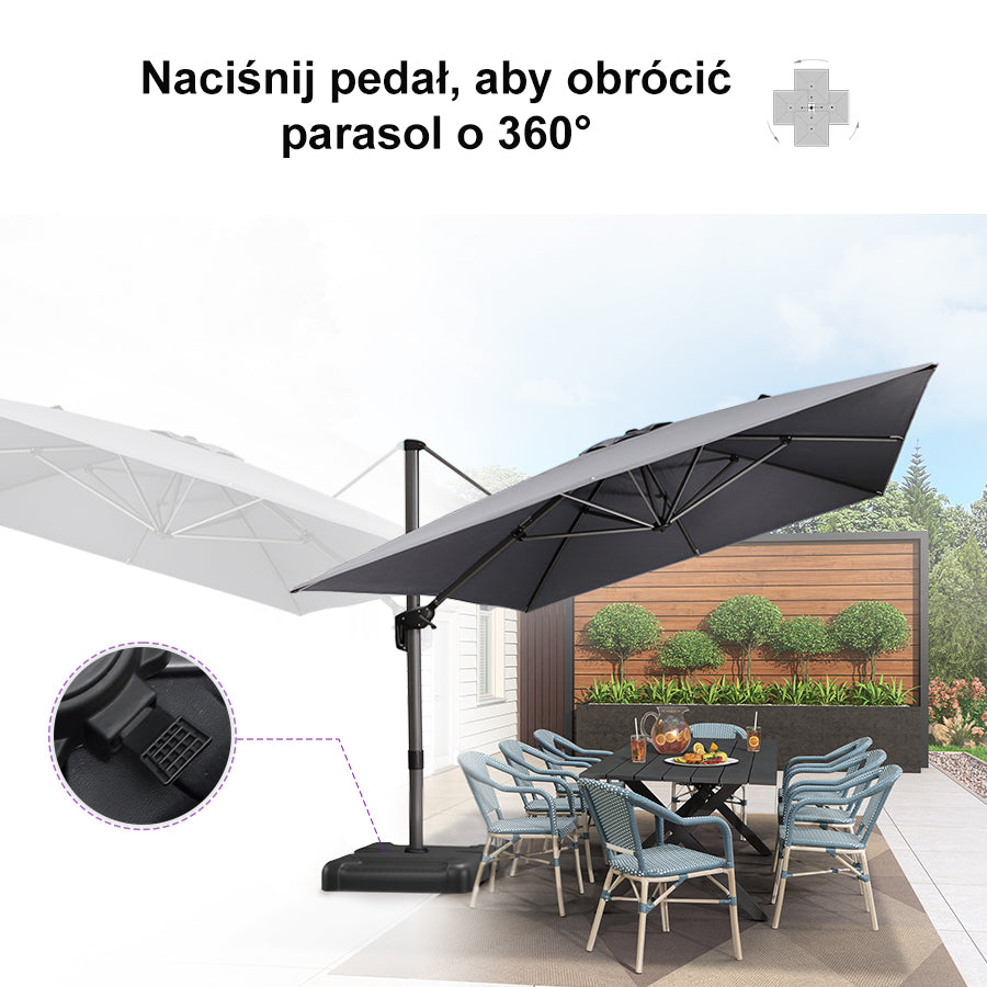 PURPLE LEAF Duży parasol ogrodowy z bocznym masztem, aluminiowy parasol obrotowy 360° z korbą i pedałem nożnym, na taras i balkon