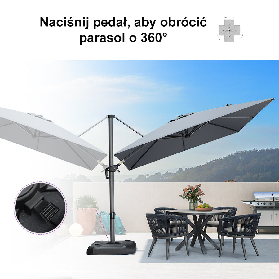 PURPLE LEAF Duży parasol ogrodowy z bocznym masztem, aluminiowy parasol obrotowy 360° z korbą i pedałem nożnym, na taras i balkon