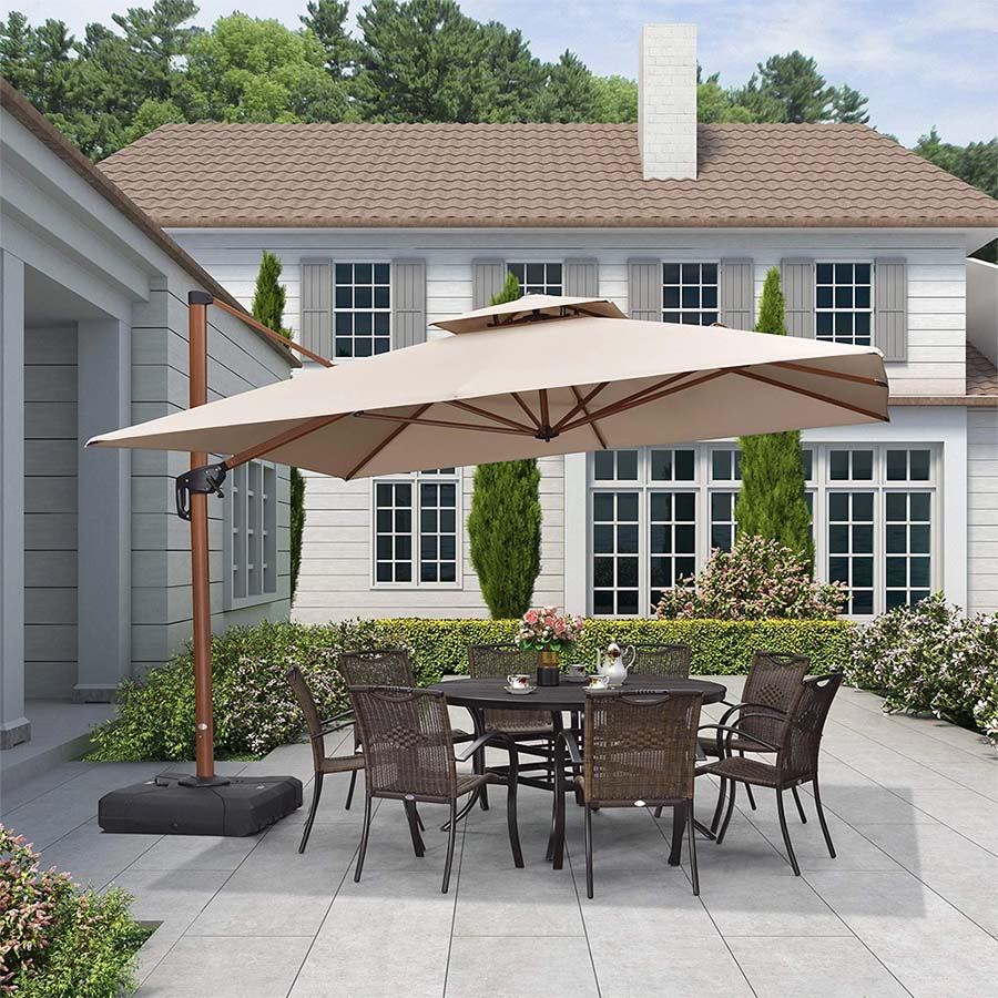 PURPLE LEAF Kwadratowy parasol ogrodowy z bocznym masztem, aluminium w imitacji drewna, z korbą i regulacją nachylenia, na balkon i taras