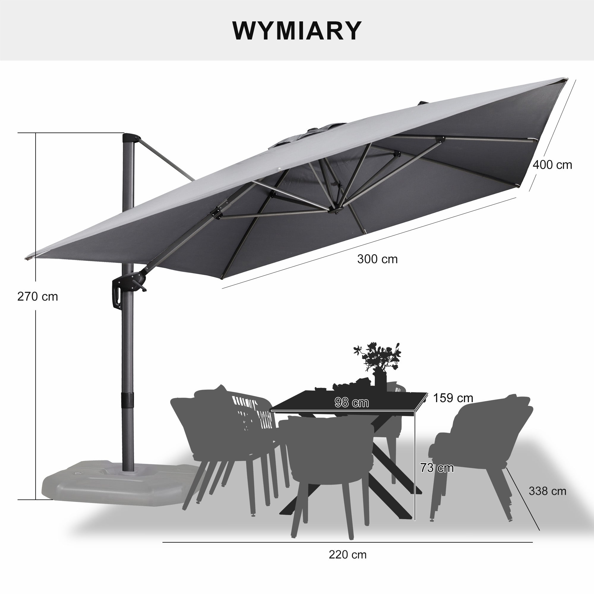 PURPLE LEAF Duży parasol ogrodowy z bocznym masztem, aluminiowy parasol obrotowy 360° z korbą i pedałem nożnym, na taras i balkon