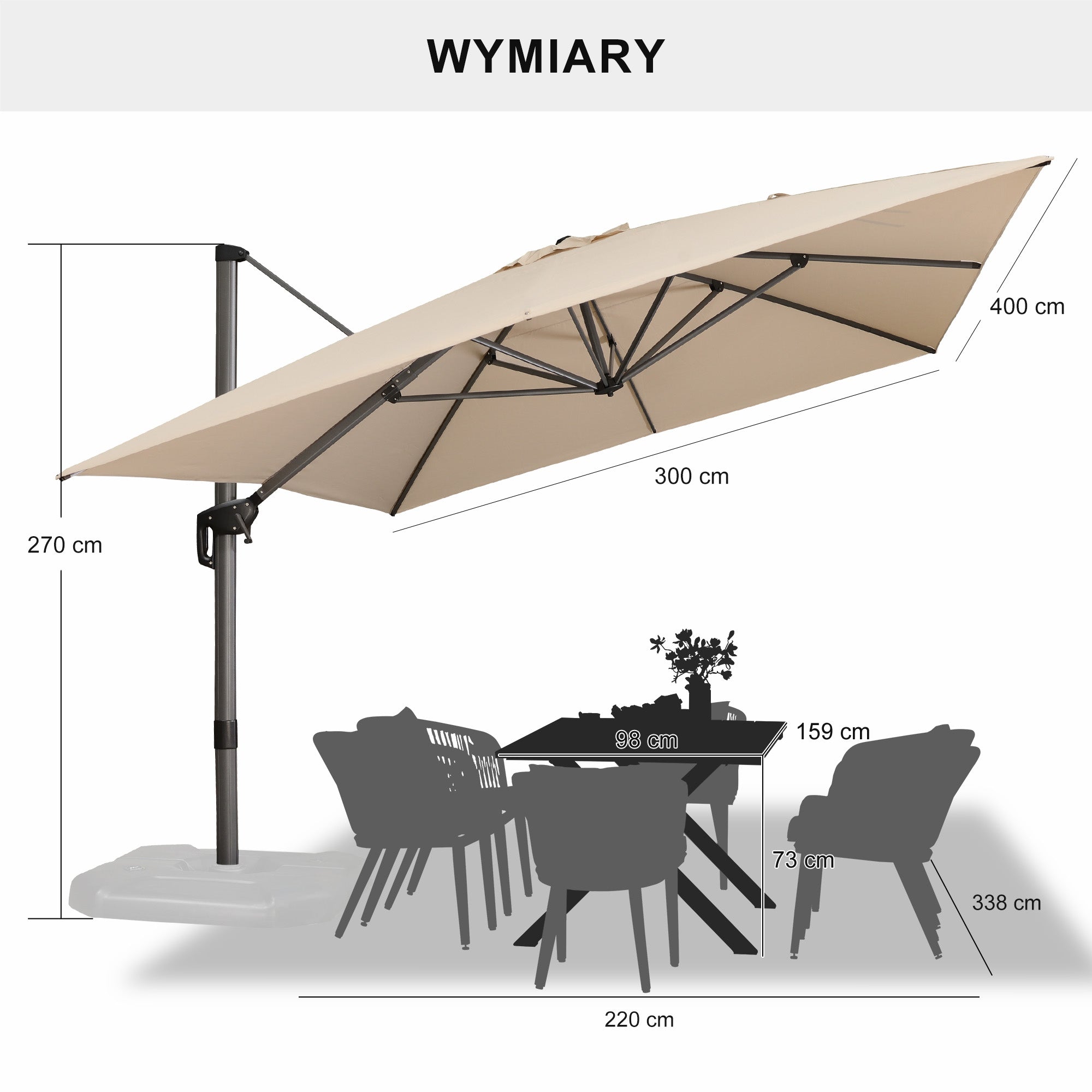 PURPLE LEAF Duży parasol ogrodowy z bocznym masztem, aluminiowy parasol obrotowy 360° z korbą i pedałem nożnym, na taras i balkon