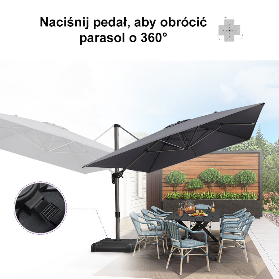 PURPLE LEAF Duży parasol ogrodowy z bocznym masztem, aluminiowy parasol obrotowy 360° z korbą i pedałem nożnym, na taras i balkon
