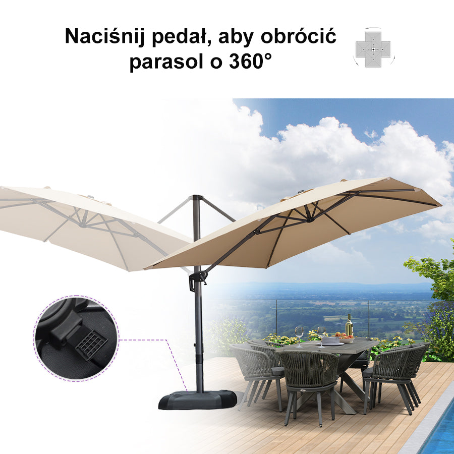 PURPLE LEAF Duży parasol ogrodowy z bocznym masztem, aluminiowy parasol obrotowy 360° z korbą i pedałem nożnym, na taras i balkon