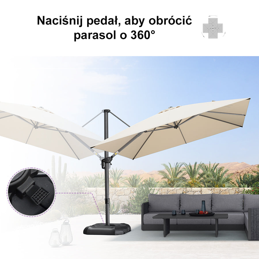PURPLE LEAF Duży parasol ogrodowy z bocznym masztem, aluminiowy parasol obrotowy 360° z korbą i pedałem nożnym, na taras i balkon
