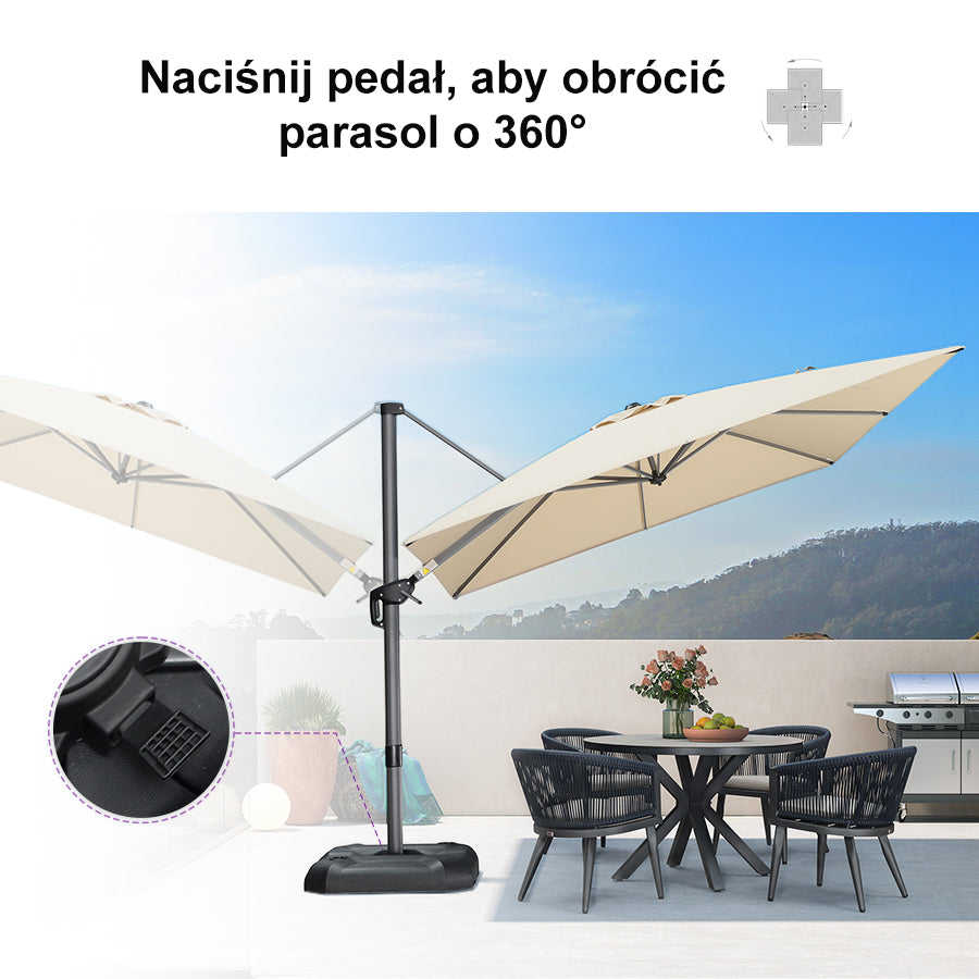 PURPLE LEAF Duży parasol ogrodowy z bocznym masztem, aluminiowy parasol obrotowy 360° z korbą i pedałem nożnym, na taras i balkon