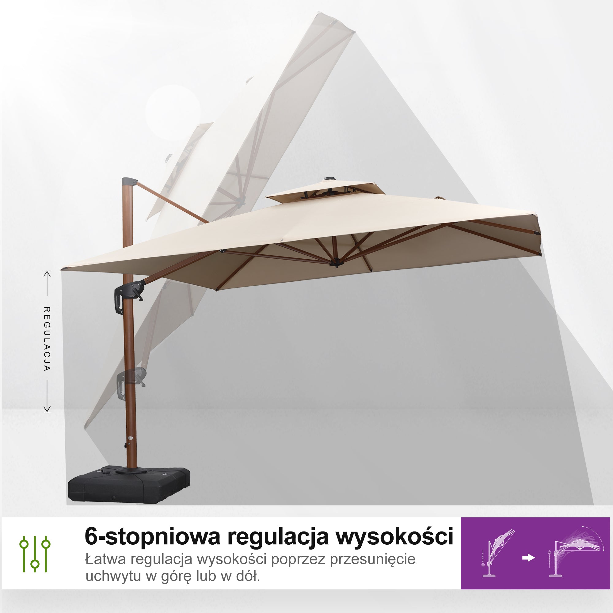 PURPLE LEAF Prostokątny parasol ogrodowy z bocznym masztem, w imitacji drewna